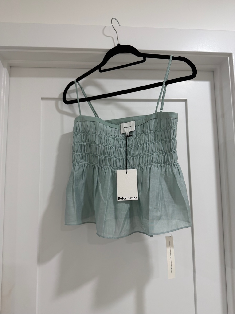 Reformation Pale Mint Smocked Peplum Cami